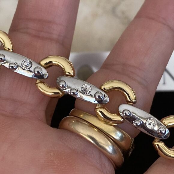 NEW! Bijoux Terner Two Tone Silver & Gold Tone Choker & Earrings Set 4 CZ Stones - Picture 4 of 7